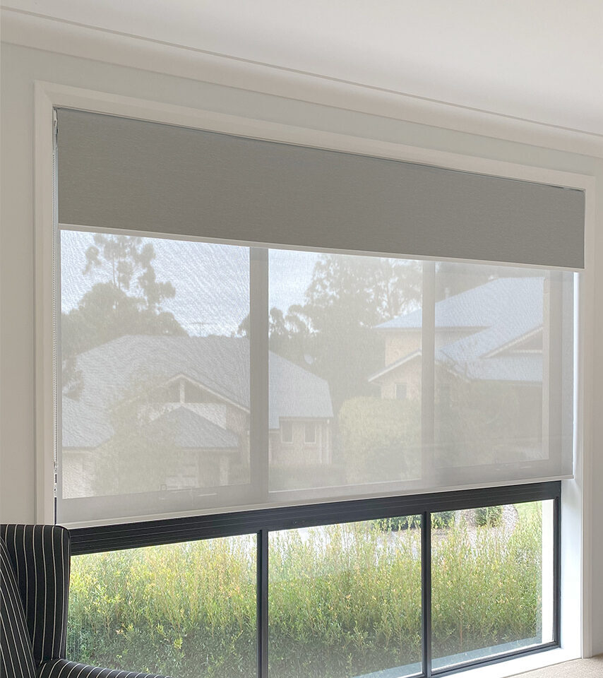 A wide window fitted with double roller blinds, featuring an upper solid grey blockout blind and a lower translucent white screen blind that reveals a view of houses and greenery outside.